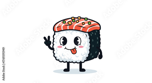 A cute cartoon maki sushi character with a salmon topping makes a peace sign and sticks its tongue out on a clean white background.