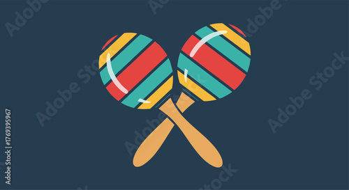 Two colorful maracas with diagonal stripes are crossed on a dark background, representing rhythm, music, and festive celebrations.