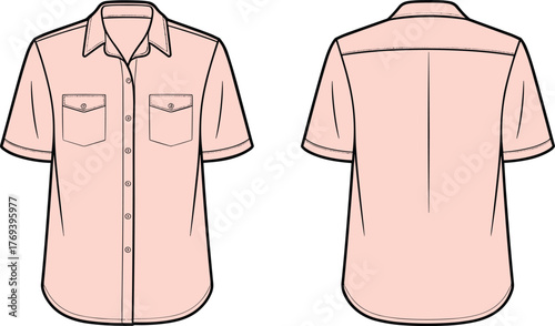 Short-sleeve button-up shirt vector, front and back view, chest pockets with flaps, classic collar, yoke seam, garment construction fashion sketch