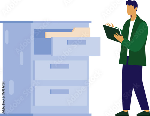 The employee is pointing folders in drawer.