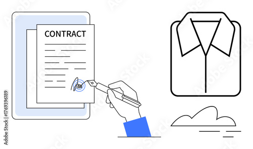 Hand signing contract with pen, stack of documents, outlined shirt, and abstract cloud. Ideal for business, employment, agreements, legal, professionalism office culture simple flat metaphor