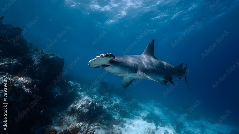 Fototapeta premium Majestic hammerhead shark glides through clear blue ocean waters near a rocky coral reef