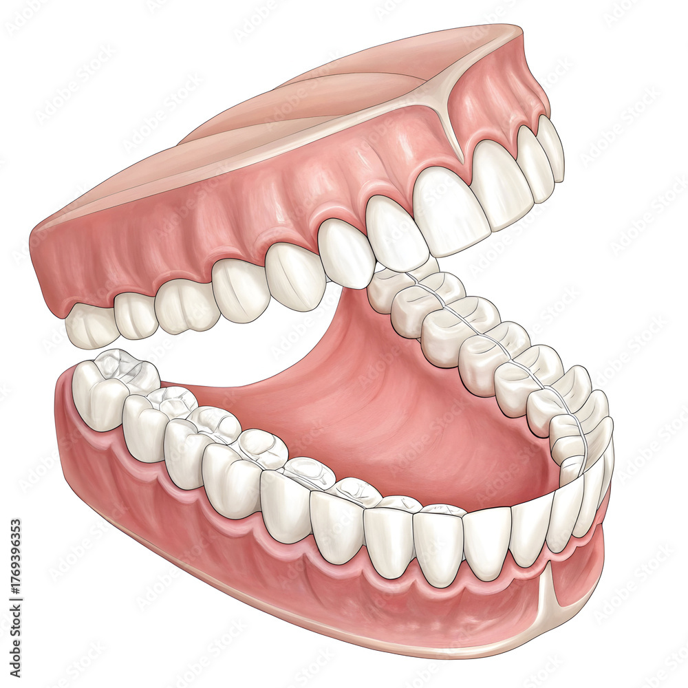 Obraz premium Detailed illustration of human teeth with full upper and lower jaw, isolated on white background, for medical