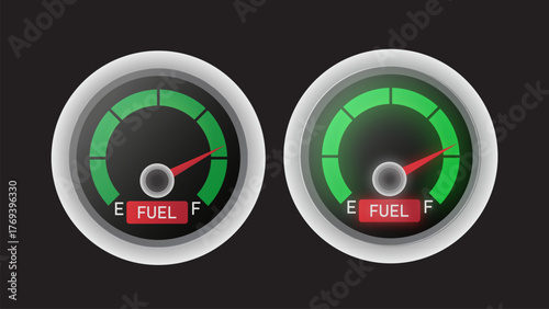 Fuel gauge illustration shows full indicator with the empty indicator and dashboard display against a dark background