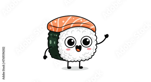 Cute cartoon illustration of a happy salmon sushi character with an inviting smile and big eyes, cheerfully waving hello, isolated on a crisp white background.