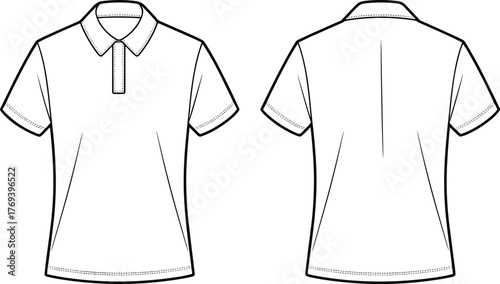 Short-sleeved polo shirt fashion flat, classic collar, button placket, central back seam, front and back view garment construction sketch illustration