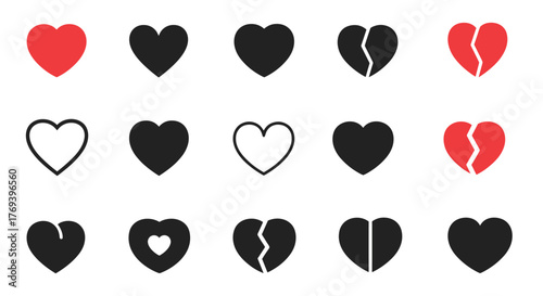A diverse collection of heart icons in red and black, showcasing symbols of love, care, and various states of heartbreak, perfect for graphic design.