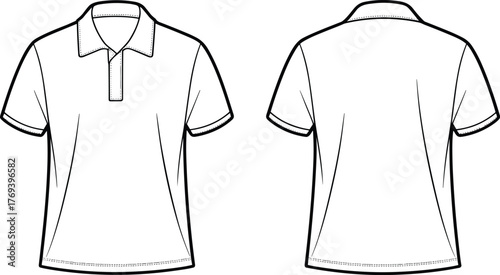 Short-sleeved polo shirt fashion flat, classic collar, partial placket, straight hem, front and back view garment construction sketch illustration