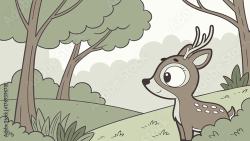 Adorable cartoon deer exploring tranquil forest, perfect for children's books or nature-themed designs, whimsical fawn in peaceful woodland scene