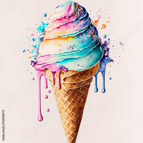 Watercolour painting of an ice cream cone.