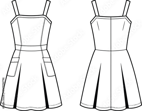 Sleeveless dress fashion flat, square neckline, waistband, patch pockets, flared skirt, panel seams, technical sketch front and back view vector