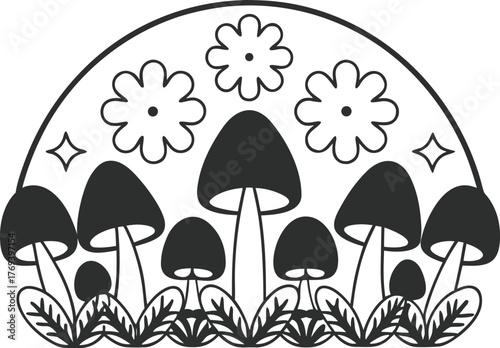 Adobe Illustrator Artwork  Minimalist Mushroom Field | Black & White Botanical Woodcut-Style Illustration