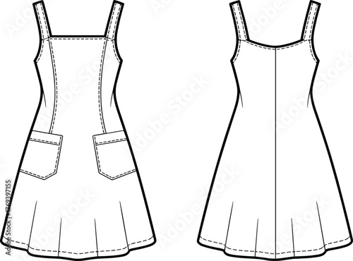 Sleeveless dress technical flat, fashion illustration front and back view, princess seam, flared skirt, patch pockets, garment construction vector