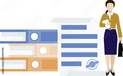 The girl is standing near pdf files