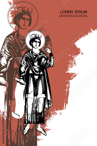 Religious vintage poster template with Saint Solomon. Christian illustration in Byzantine style