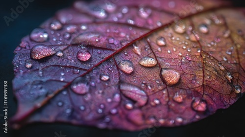 Dew drops on colorful leaf surface