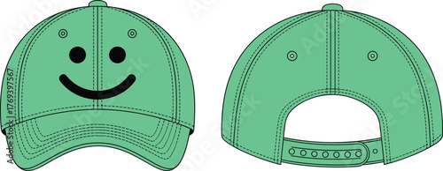 Smiley face baseball cap fashion flat, front and back view, adjustable strap, stitched brim and panels, garment construction sketch illustration