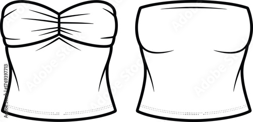 Strapless tube tops fashion flat, ruched bust and smooth bust variations, fitted silhouette, front view garment construction sketch illustration