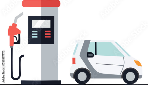 Small Car Refueling at a Gas Station Pump isolated on white backround