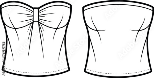 Strapless women’s top fashion flat, ruched bust with bow detail, contour seams, front and back view garment construction sketch illustration