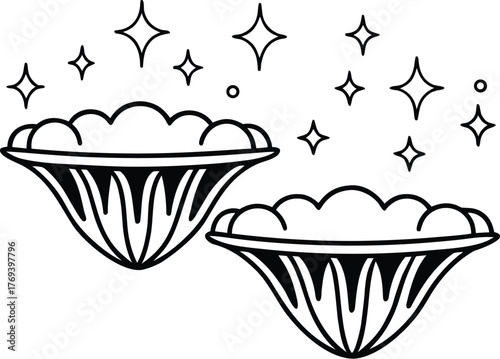Adobe Illustrator Artwork  Cosmic Dual Dishes | Minimalist Black & White Line Art with Celestial Motifs