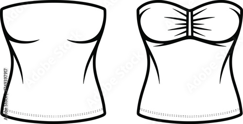 
Strapless women’s tops fashion flat, sweetheart neckline and smooth bust variations, fitted silhouette, front view garment construction sketch illustrationStrapless women’s tops fashion flat, sweethe