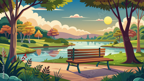 Very beautiful empty park bench overlooking the peaceful lake pond called Neshaminy Creek in Tyler State Park, Bucks County, Pennsylvania, USA, surrounded by calm water and lush greenery.