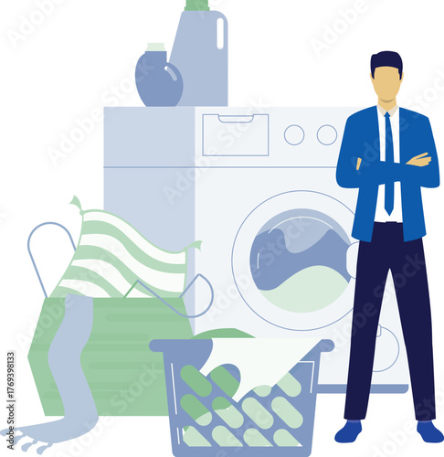 Man loading wash machine to clean clothes.