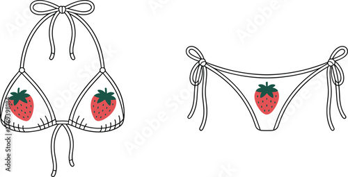 Strawberry bikini vector set, halter top and side-tie bottom, fruit motif swimwear, minimal line art, fashion flat sketch, summer garment illustration