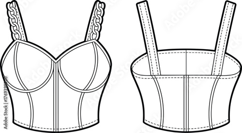 Structured bustier top fashion flat, molded cups, braided straps, princess seams, front and back view garment construction sketch illustration