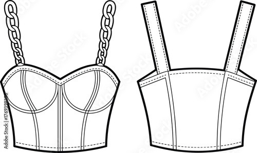 Structured bustier top fashion flat, sweetheart neckline, chain straps, princess seams, front and back view garment construction sketch illustration