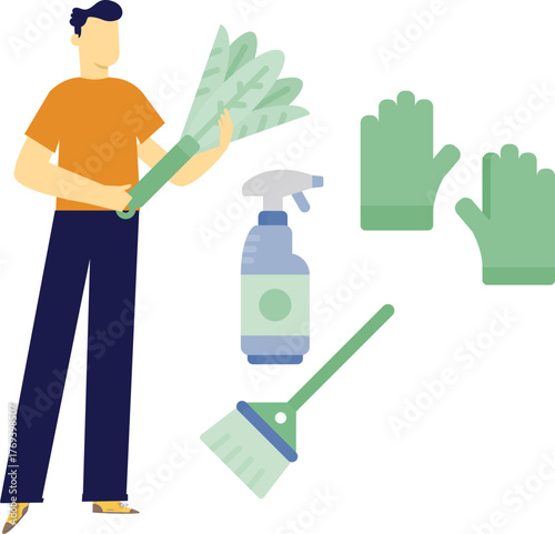 The boy is holding cleaning duster.