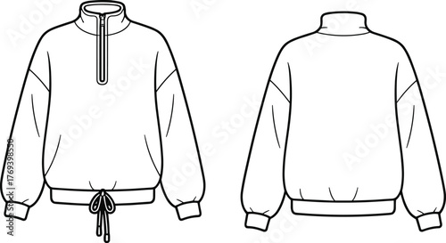 Black and white fashion sketch of long-sleeve pullover sweatshirt, front and back view, half-zip collar, raglan sleeves, drawstring hem, garment construction, vector template