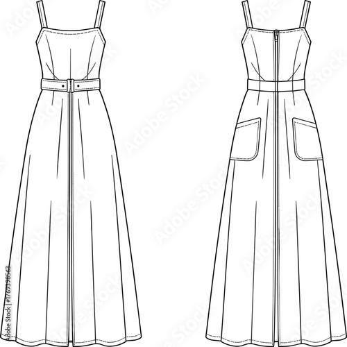 Black and white fashion sketch of sleeveless maxi dress, front and back view, square neckline, belted waist, patch pockets, garment construction, vector template