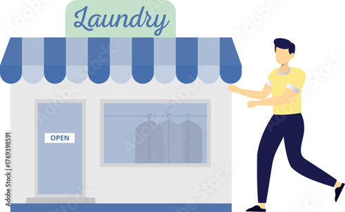 The boy is running towards laundry