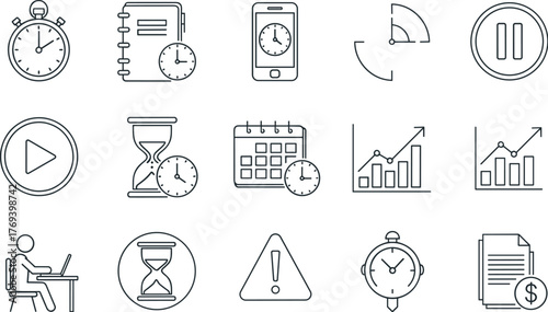 Time Management and Productivity Icons for Business Presentations, Project Planning and Deadline Tracking: Linear Illustrations for Efficiency, Schedules, Productivity, Growth, and Task Coordination