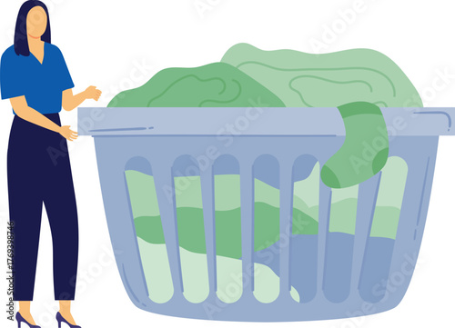 The girl is putting clothes in basket
