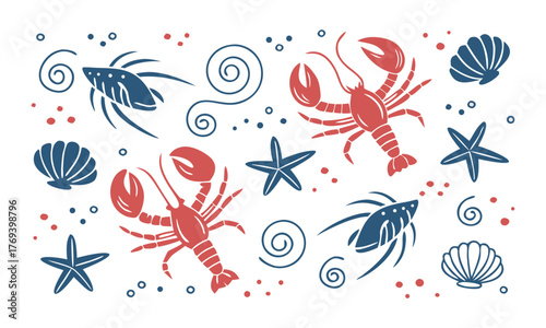 Marine Seamless Pattern Featuring Shells, Waves, and Sea Creatures in Vector Style illustration, easily editable..