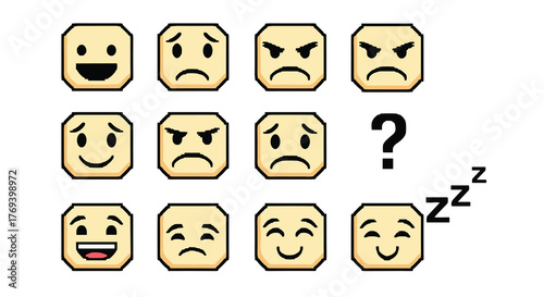 Pixelated Emoticons Displaying Varied Moods and Emotions in a Digital Pixel Art Style Presentation, Representing Communication, Technology, and Web Design with Nostalgic Retro Aesthetic, Expressing