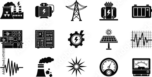 Power Generation and Energy Industry Symbols, Illustrating Electricity Production and Distribution Technology for Sustainable Resources, Engineering, and Industrial Applications in a Clean Energy
