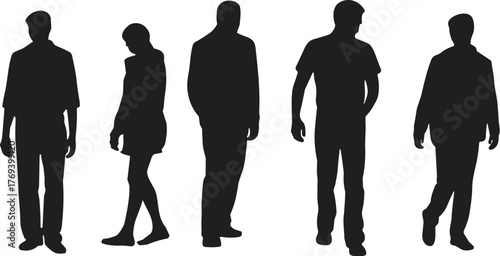 Human silhouette, walking pose, standing figure, casual attire, black graphic, vector illustration, lifestyle icon, body motion, urban design, postureHuman silhouette, walking pose, 
