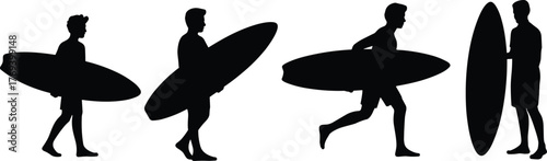 Surfer silhouette, surfing pose, human figure, ocean sport, black graphic, vector illustration, beach activity, board carrier, coastal icon, wave riderSurfer silhouette, surfing pose, human figure, 