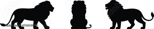 Lion silhouette, majestic pose, big cat, wildlife icon, black graphic, vector illustration, king of the jungle, feline design, animal symbol, powerLion silhouette, majestic pose, big cat