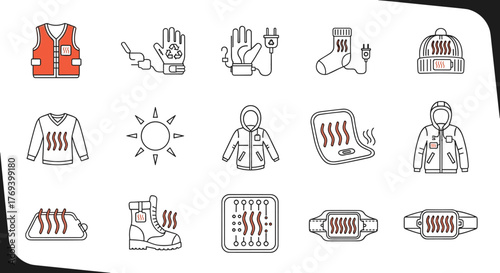 Heated Clothing Line Icons Illustrating Wearable Thermal Technology for Winter Sports and Outdoor Activities in Cold Weather Conditions, Representing Innovative Garments, Comfortable Apparel, and