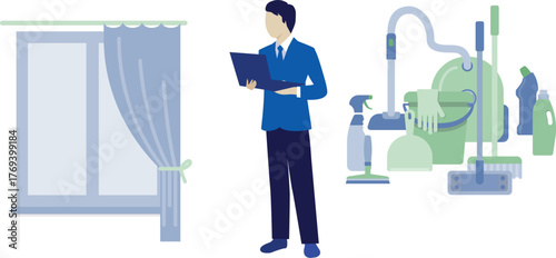 The man is pointing house cleaner