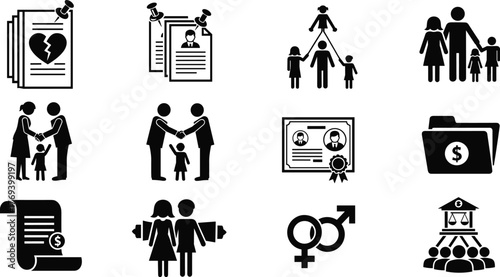 Family Law and Legal Services Pictograms: Navigating Divorce, Adoption, Child Custody, and Agreements in Court for Domestic Matters, Illustrating Justice, Advocacy, Support, and Family Welfare