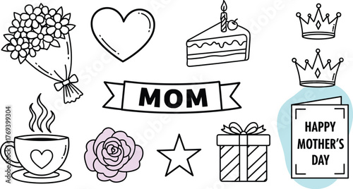 Festive Mother's Day Celebration with Hand-Drawn Elements: Bouquet, Heart, Cake, Crowns, and Coffee, Perfect for Greetings, Invitations, and Social Media Designs Expressing Love, Affection