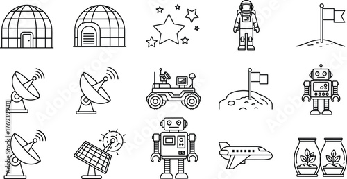 Space Exploration Outline Icons Set Depicting Spacecrafts, Telescopes, Astronaut, Flag on Planet, Robot, Airplane, Solar Panel, and Plants, Symbolic of Scientific Research, Future Technology