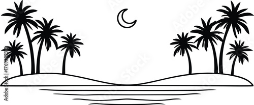 Adobe Illustrator Artwork“Minimalist Black & White Palm Tree Silhouette – Night Sky Landscape Illustration”