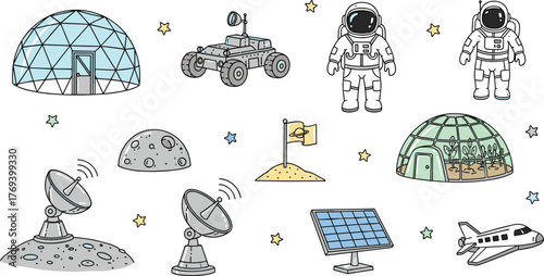 Space Exploration Outpost Cartoon Illustration with Astronauts, Habitat Domes, Rover, and Solar Panel on Lunar Surface for Scientific Research, Education, Aerospace Technology, and Colonization